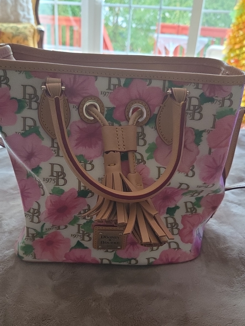 Vintage Dooney & Bourke Pink Floral Tote with Tan Leather Trim and Tassel